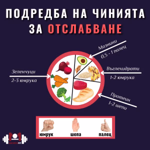 Примерна инфографика за подредба на чинията при здравословно хранене, използвайки стратегията на юмрук, шепа и палец.