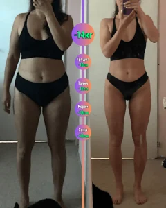 Снимка на трансформацията на Лора Топалова, клиент на MavrovFit. Снимката е тип преди/след и показва разлика от -14кг и стегнато тяло.