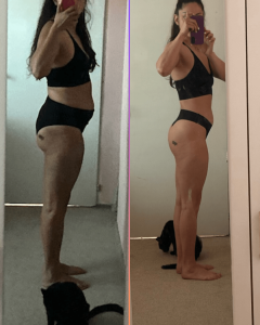 Снимка на трансформация на клиентка на фитнес треньорите от MavrovFit Coaching. Показва странична снимка с лява и дясна страна. Отляво е жена с наднормено тегло и отпуснато тяло. Вдясно, същата жена, 14кг по-малко и стегната.