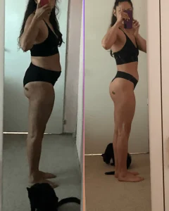 Снимка на трансформация на клиентка на фитнес треньорите от MavrovFit Coaching. Показва странична снимка с лява и дясна страна. Отляво е жена с наднормено тегло и отпуснато тяло. Вдясно, същата жена, 14кг по-малко и стегната.