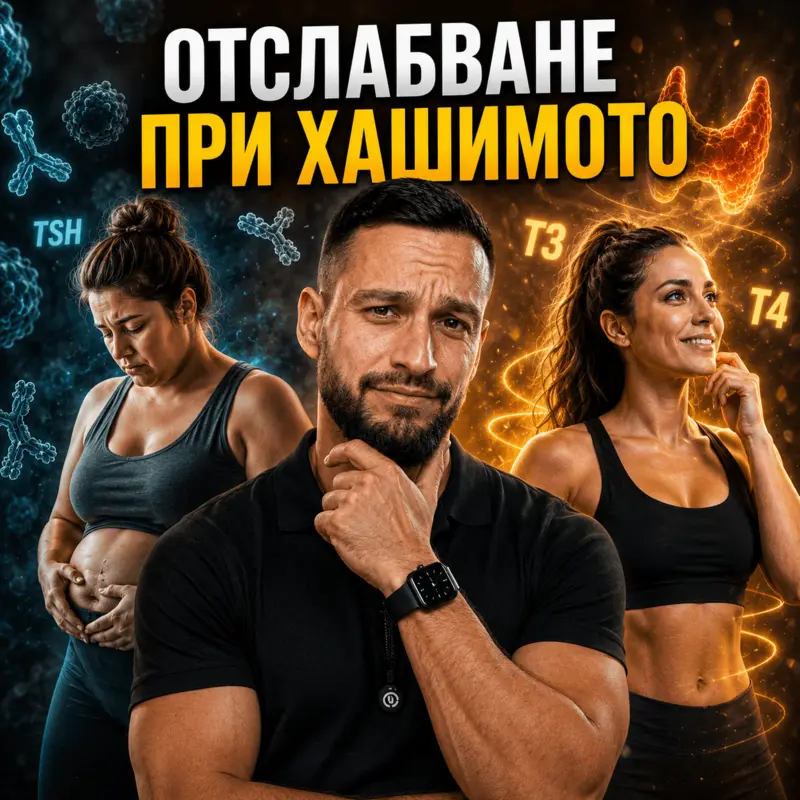 AI генерирана снимка на Боян Мавров - MavrovFit по повод отслабването при Хашимото с две жени зад него. Една с наднормено тегло и Хашимото, друга - слаба, стегната и здрава, без нарушения на щитовидната жлеза