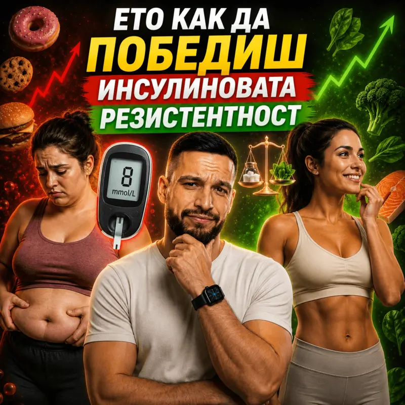AI генерирана снимка на Боян Мавров - MavrovFit по повод отслабването при инсулинова резистентност с две жени зад него. Една с наднормено тегло и инсулинова резистентност, друга - слаба, стегната и здрава.