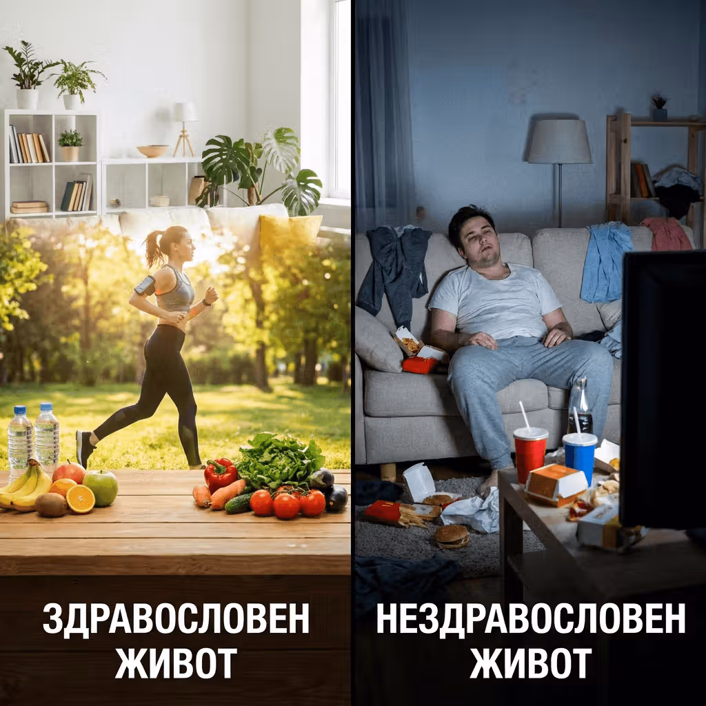 Снимка, сравняваща здравословен и нездравословен живот тип split screen