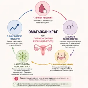 инфографика, която репрезентира омагьосания кръг, който се получава при синдром на поликистозните яйчници и взаимовръзката между инсулин, яйчници, тестостерон, кръвна захар