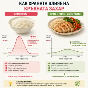 разлика в повишението на кръвната захар и инсулина при консумиране на въглехидрати без нищо друго - ориз вляво на снимката и сравнение с комбинацията на ориз с източник на протеин и фибри вдясно на снимката с графики за повишенията на нивата на кръвна захар, като тези вляво са значително по-високи от тези вдясно.