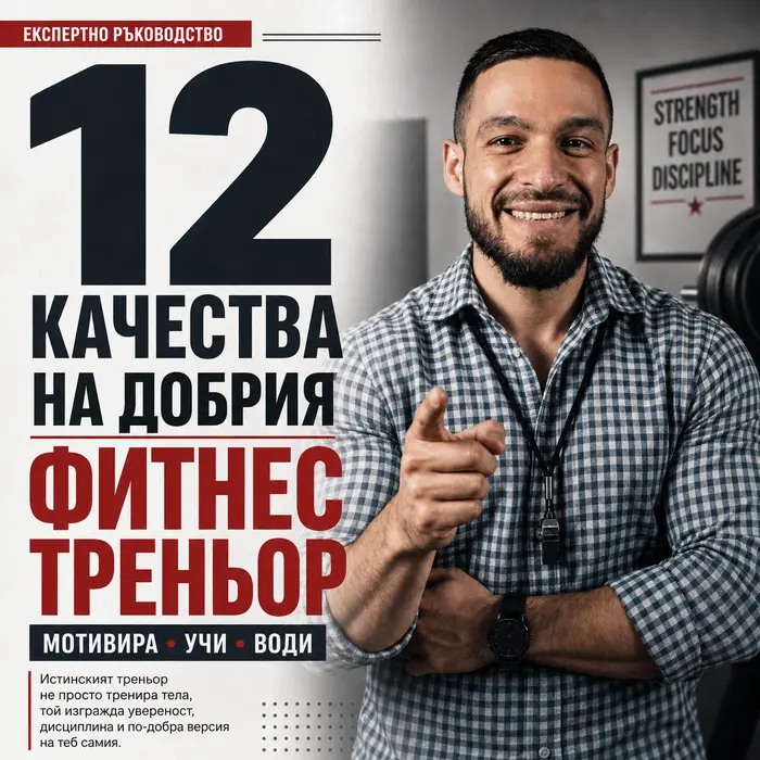 Снимка на Боян Мавров от MavrovFit, усмихнат и заглавието на статията "12 качества на добрия фитнес треньор"