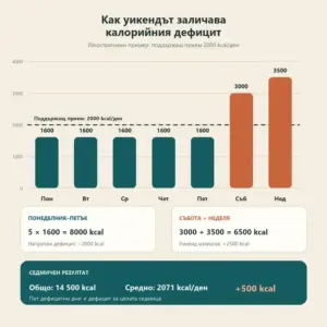 Примерна графика, която показва как преяждането през уикенда може да разруши спазвания калориен дефицит през седмицата