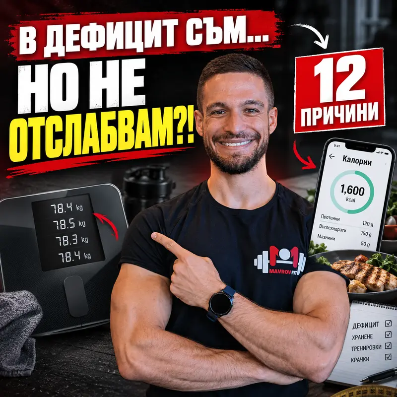 Заглавна снимка на статия "Защо не отслабвам в калориен дефицит" с Боян Мавров от MavrovFit на снимката и телефон, показващ приложение за броене на калории